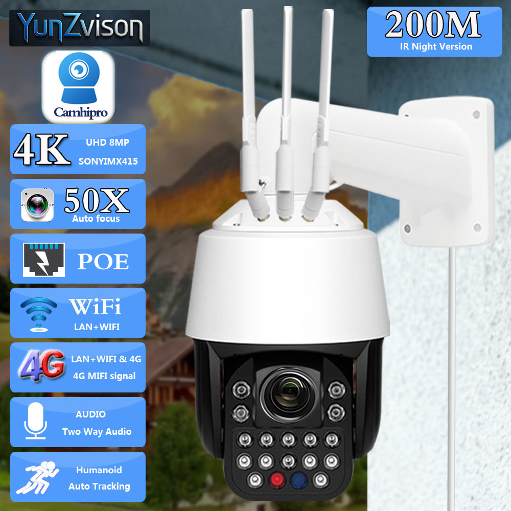 Poe Security Camera 8Mp 4K - Carte SIM 3G 4G, zoom 50X,